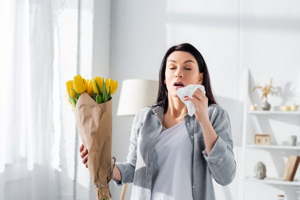 attractive woman with pollen allergy sneezing while holding tulips
